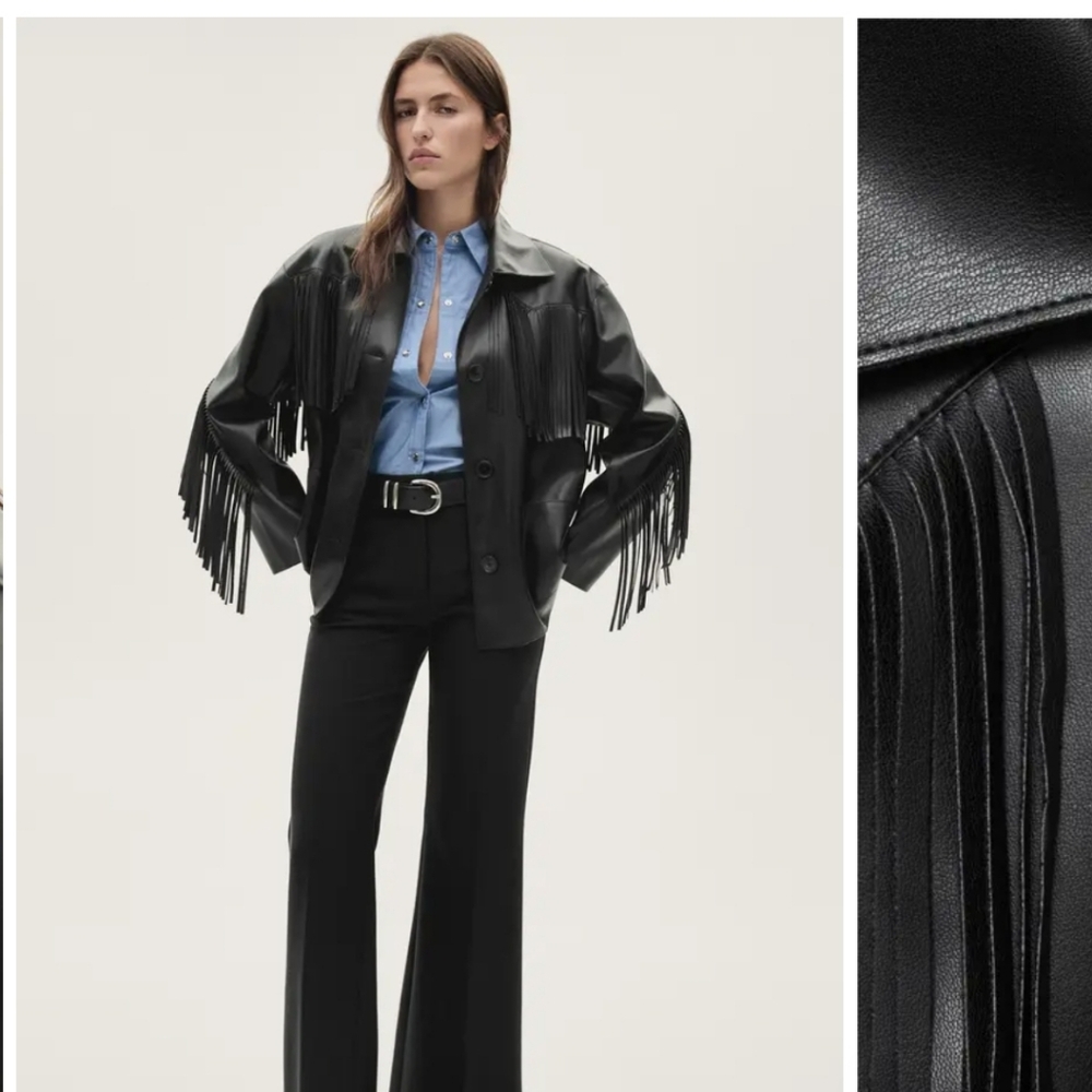 Mango Black Leather Fringe Button Down Shirt/jacket